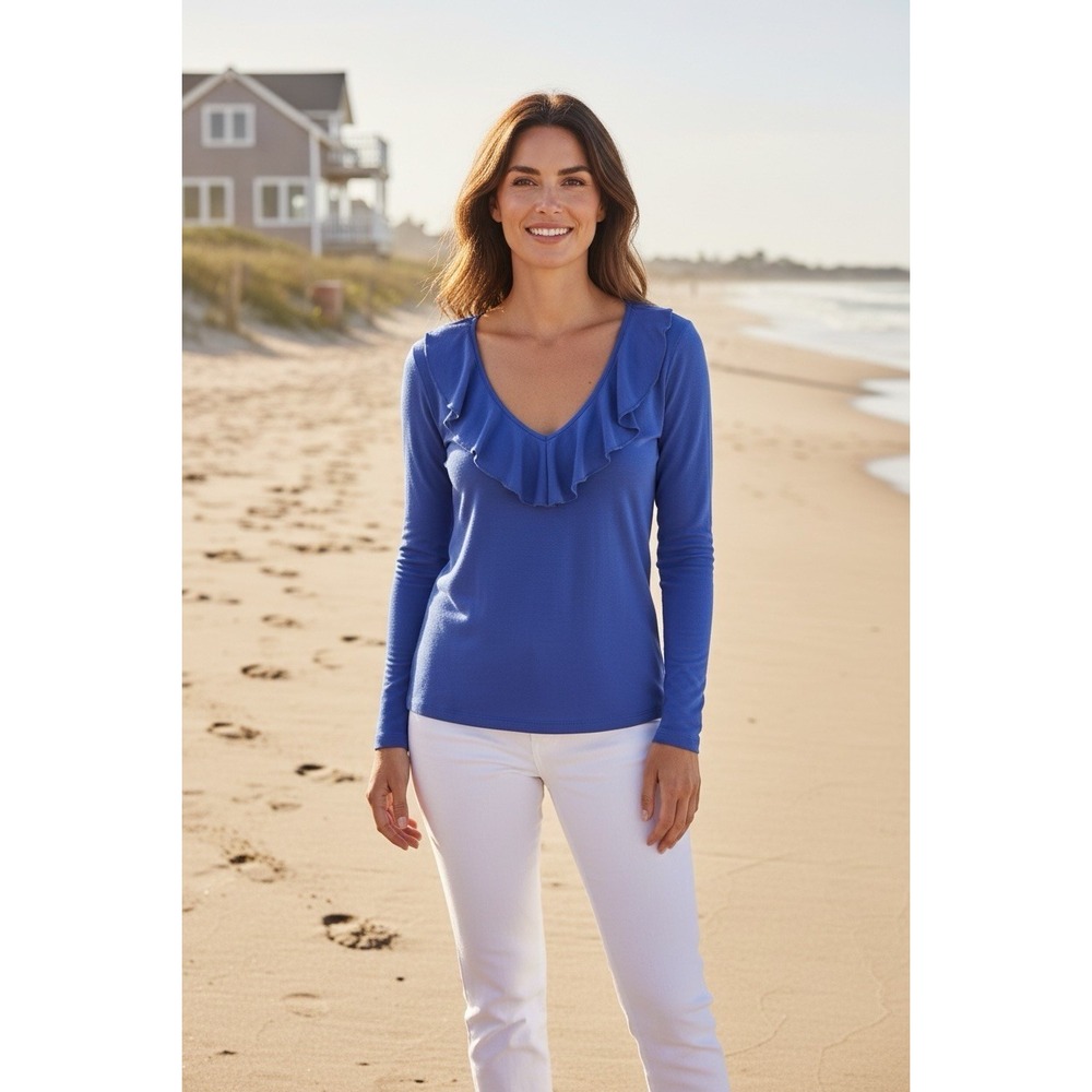 New Lilly Pulitzer XL Alessa Ruffle Long Sleeve Shirt Blue Preppy Size X Large - Picture 4 of 8